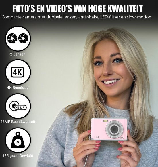 K&L Digitalkamera 4K - Fotokamera - Fotokamera - Kompaktkamera - Vlog-Kamera - Für Kinder - Inklusive 64GB - NL Software - Pink
