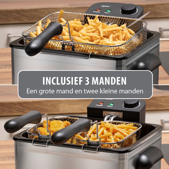 alpina Fritteuse Double 5 Liter - Fritteuse mit einstellbarem Thermostat - Fritteuse mit 3 herausnehmbaren Körben - Fritteuse 2000W - 27,5 x 21,5 x 30,5 cm - Edelstahl