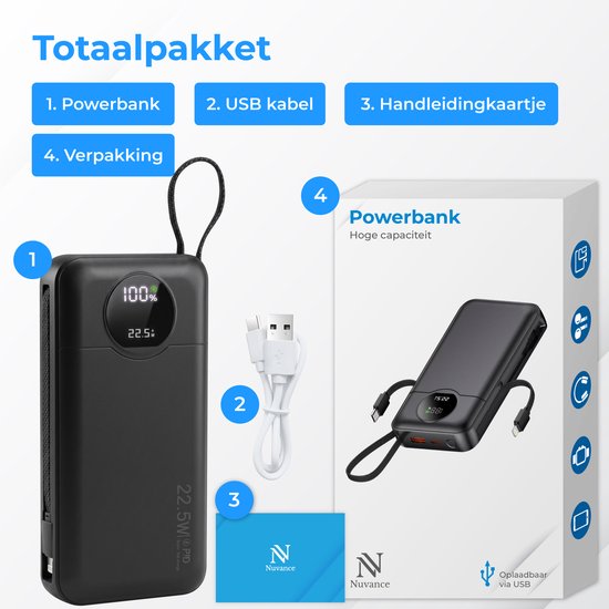 Nuvance Powerbank 20000 mAh – 22,5 W Schnellladegerät mit USB-C und 8-Pin-Anschluss – Notfallpaket – 2 Anschlüsse – 2 integrierte Kabel – Powerbank