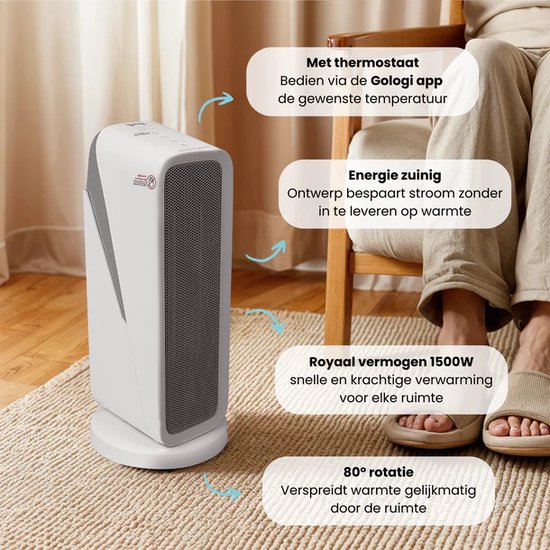 Gologi Heizlüfter mit Thermostat - Elektroherd - Heizung - Heizgerät - Mit App und Touch Control - 1500W