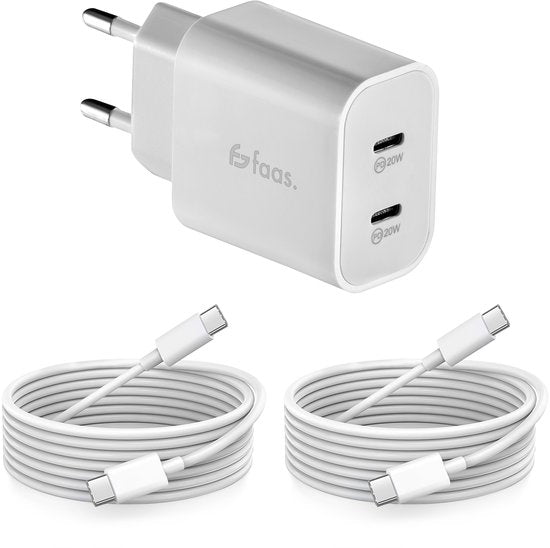 USB-C-Ladegerät - 40W - mit 2x USB-C-auf-USB-C-Kabel - Schnellladegerät - 2 Ladeanschlüsse - Weiß - von Faas