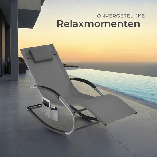 tectake® Liege Taya - Ergonomische Liege für Garten, Terrasse, Balkon - Relaxsessel mit Wippfunktion - Gartenstuhl mit bequemen Armlehnen, Kopfstütze und Ablagefach - wetterfest und wasserabweisend - 120kg Tragkraft - Grau