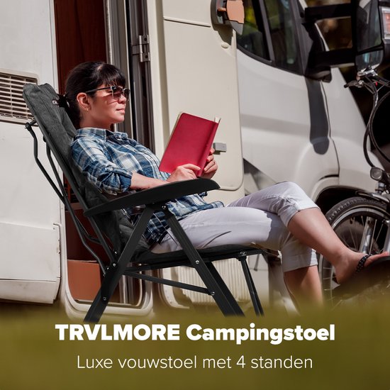 TRVLMORE Campingstuhl - Inklusive Tragetasche - Komfortabler Klappstuhl - 150 kg Tragfähigkeit - Campingstuhl - Aufbewahrung - Klappstuhl - Schwarz