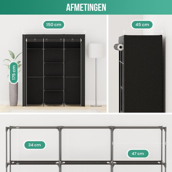 Avalo Wardrobe Fabric Foldable XXL - 150x45x175 CM - Kleiderschrank - Schlafzimmer Kleiderschrank - Schwarz