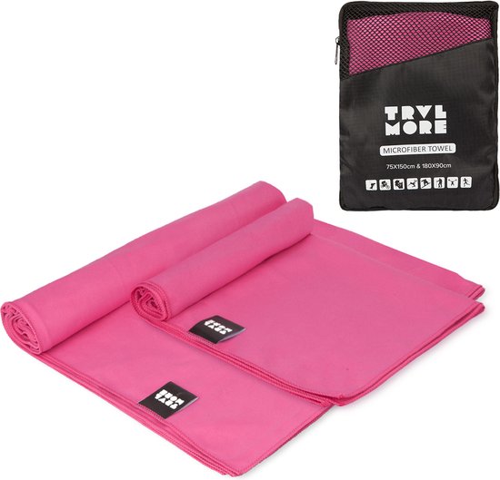 TRVLMORE Mikrofaser-Reisehandtuch-Set - 2 Stück - Groß (75 x 150 cm) & Extra groß (90 x 180 cm) - Mikrofaser - Pink