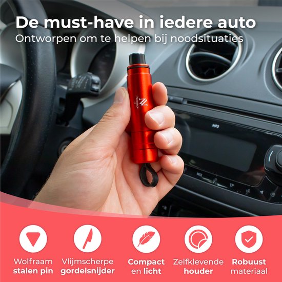 Nuvance - Sicherheitshammer - Notfallhammer - inkl. Klebehalter und Prüfglas - Rettungshammer - Gurtschneider - Autohammer - Sicher unterwegs - Rot