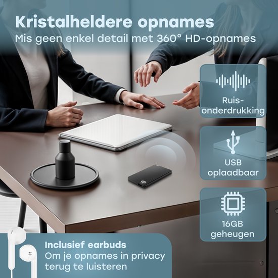 Audyn Voice Recorder - 200 Stunden Audioaufnahme - Fernabhörgerät - Diktiergerät - 360° HD-Aufnahmen - 16GB - Schwarz