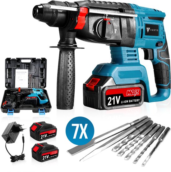 Vesto® Elektrohammerbohrer - Akku-Schlagbohrer - Hammerbohrer mit Meißelfunktion - Akku-Kombihammer - Betonbohrer - Inklusive Bohrer-Set, 2x Akku & Ladegerät