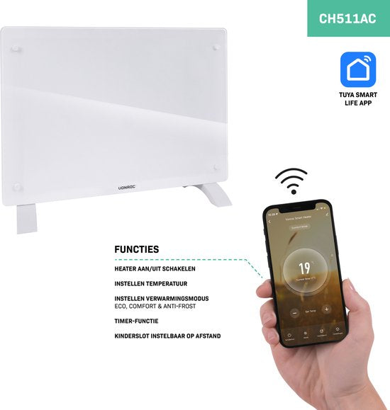 VONROC Luxury electric heater - Mit Glasscheibe - 750W/1500W - Beheizt Räume bis zu 18m2 - Mit App (über Wifi) als auch manuell - Einstellbarer Thermostat und Timer - Weiß