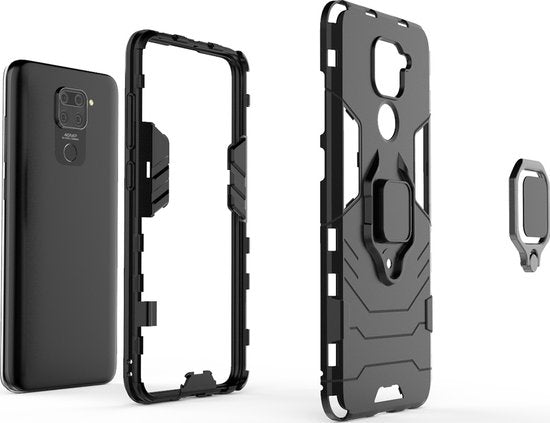 Mobigear Case passend für Xiaomi Redmi Note 9 Phone Case Hardcase | Mobigear Armor Ring Backcover Shockproof mit Ringhalterung | Shockproof Redmi Note 9 Phone Case | Anti Shock Proof - Black