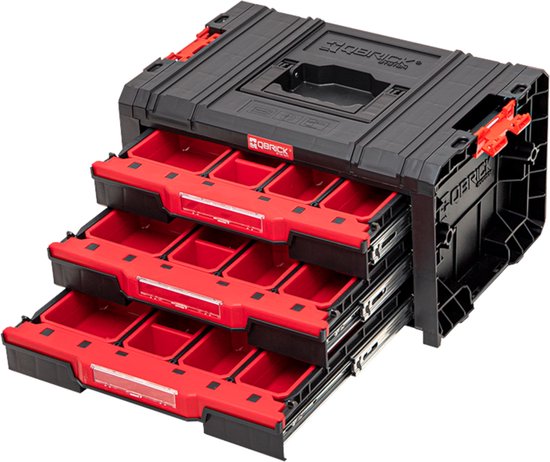 Qbrick System - PRO Drawer 3 Toolbox 2.0 Expert - 450 x 310 x 244 mm - Schwarzer PP-Kunststoff - Modularer Werkzeugkasten mit 3 Schubladen - Ultimative Werkstattorganisation