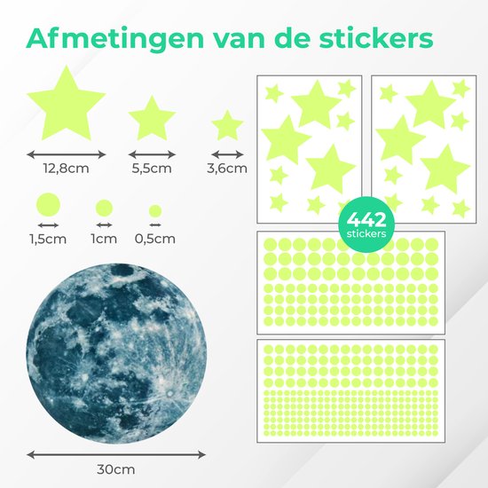 Nuvance - Glow in the Dark Sterne und Mond - 442 Stück - Wandaufkleber Kinderzimmer