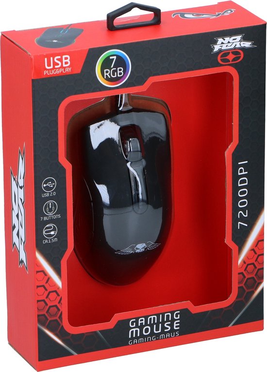 No Fear Gaming-Maus - 7200dpi - RGB-Maus mit LED-Beleuchtung - 1,5 m Kabel - USB 2.0-Anschluss - Schwarz
