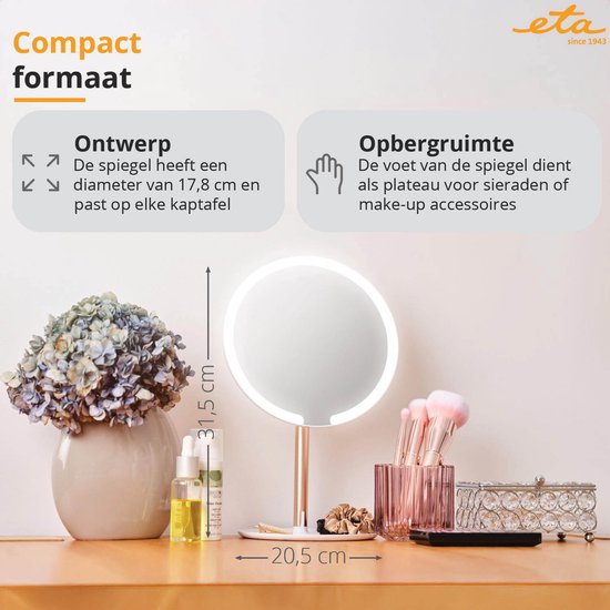 ETA Fenité Make-up Spiegel mit Beleuchtung - 90° schwenkbar und wiederaufladbar über USB-C - Lichtfarbe einstellbar - Ø 17,8 cm - Weiß