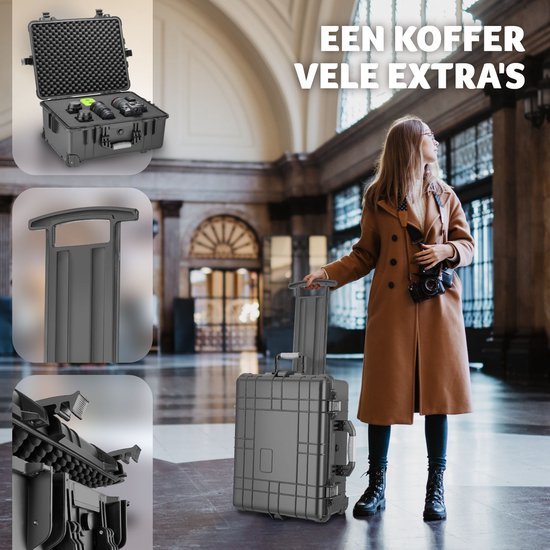 tectake - Transportkoffer auf Rädern mit Teleskopgriff - Fotokoffer - Kamerakoffer 45 x 26 x 58 cm - 2 Druckknöpfe - Abschließbar mit Vorhängeschloss