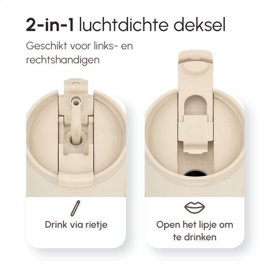 ONYX Trinkflasche mit Strohhalm 1,2 Liter - Wasserflasche für Kinder & Erwachsene - Thermosbecher Reisebecher - Motivationstrinker - Trinkbecher für die Schule - Beige
