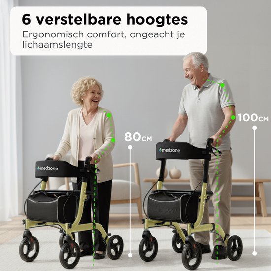 Medzone Rollator leicht und faltbar - Sitzfunktion - für drinnen und draußen - Rückenlehne und Gehstockhalterung - Champagner - Gold