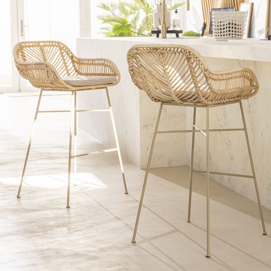 Nunuhai – Set aus 2 Rattan-Barhockern mit beigen Beinen, Höhe 68 cm