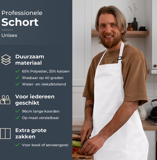 Küchenschürze - Wasser- und schmutzabweisend - Professionelle Kochschürze - Schürze für Frauen und Männer - Catering-Schürze - Unisex - Verstellbare Schnalle - Extra große Fächer - Weiß
