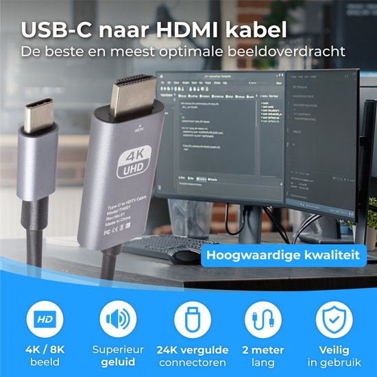 Nuvance - USB C zu HDMI Kabel - 2 Meter - 4K Ultra HD - Geeignet für Telefon, Tablet, Laptop, PC, Beamer & Monitor
