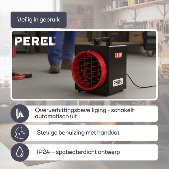 Perel Elektrischer Heizlüfter 3300W mit Thermostat und Kühlmodus, IP24 Überhitzungsschutz, kompakter tragbarer Heizer für Werkstatt, Garage, Schuppen oder Industrieraum