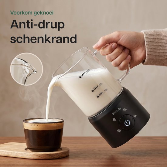 Kitchify Milchschaumer aus Glas – Elektrischer Milchschaumer – Mit Ausgießer – 4-in-1 – Milk Frother – Schwarz