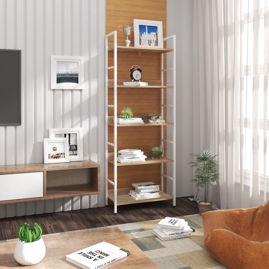 Rootz Standregal Hochregal - Regalschrank - Bücherregal - Aufbewahrungsregal - Präsentationsständer - Organizer - Lagenregal - Weiß + helle Eiche - 60x27,5x160 cm