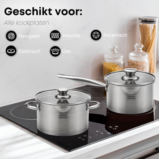 Savoré Kitchen 8-teiliges Pfannenset - Edelstahl - Kochtöpfe mit Glasdeckel - Induktionspfannen - Abtropfrand, Graduierung und Ausgießer