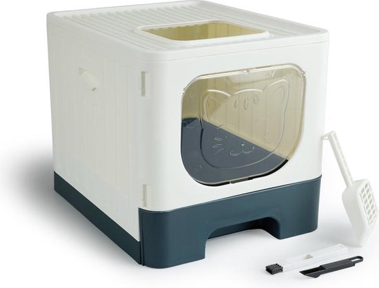 Lifa Living Faltbare Katzentoilette mit ausziehbarer Schublade - praktisch, tragbar und geräumig - Creme/Anthrazit