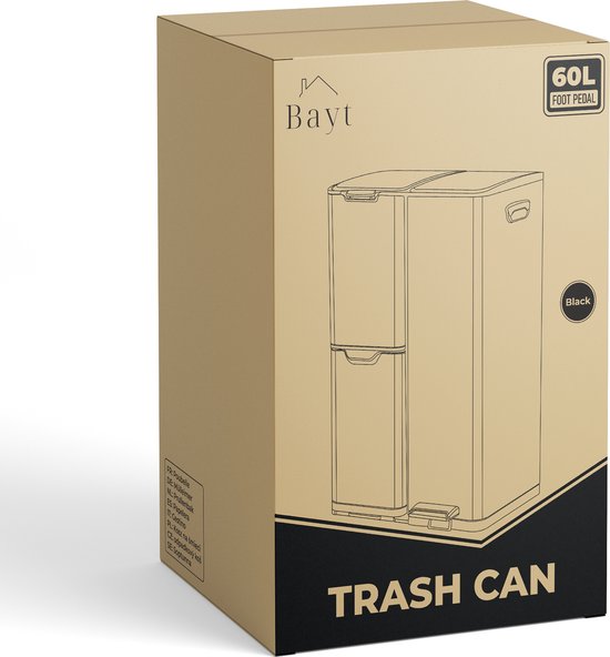 Bayt Mülleimer - Mülleimer 60 Liter - Mülleimer 60 Liter - Treteimer 60 Liter - Mülleimer Mülltrennung - Mülleimer 3 Fächer - Mülleimer - Edelstahl - Schwarz