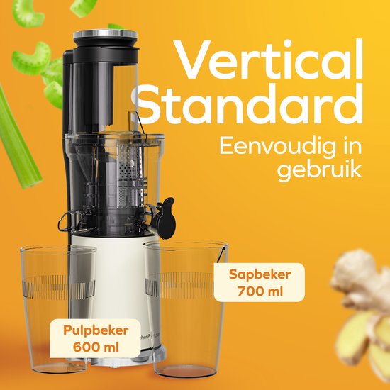 KitchenBrothers Slowjuicer - Vertikal - Entsafter - Gemüse- und Obstpresse - 80 mm - 750 ml - Champagner