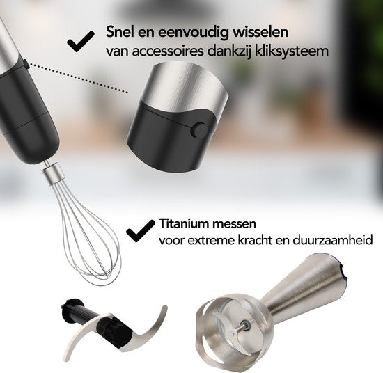 Aviro 6-in-1 Stabmixer-Set - 1000W - 20 Geschwindigkeiten - Zerkleinerer, Milchaufschäumer, Schneebesen & Messbecher - Edelstahl