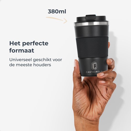 Castagnola Thermos Cup - Kaffeebecher To Go - Reisebecher für Kaffee und Tee - Teebecher - 380 ML - Edelstahl - Schwarz