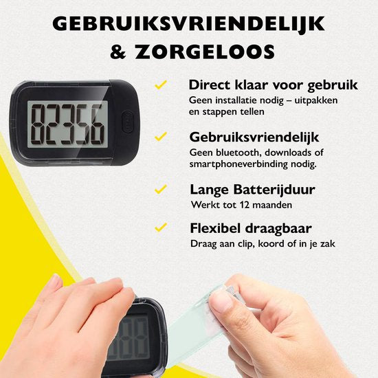 Zoluko Schrittzähler - Inkl. Batterie, Trageclip, Tragekordel und E-Book - 3D-Technologie - Großer Bildschirm - Hosentaschen-Schrittzähler - Schrittzähler - Activity Tracker - Activity Tracker - Schrittzähler Clip - Schrittzähler - Schwarz