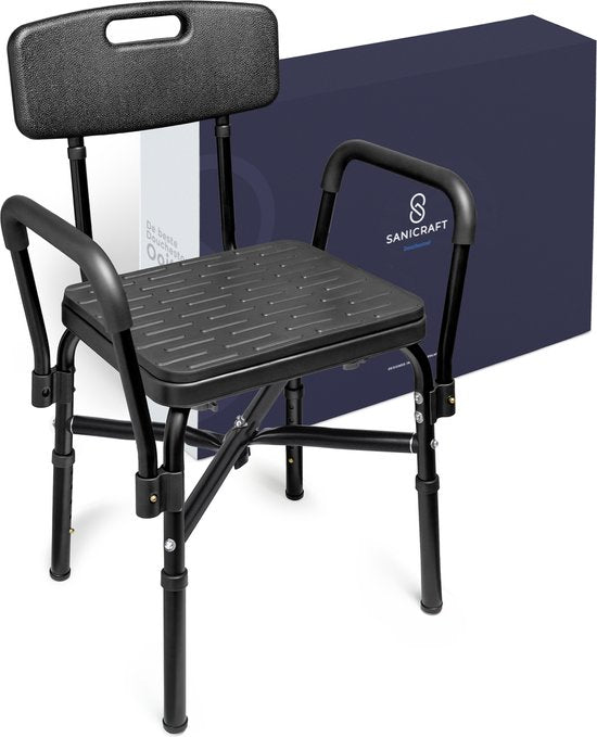 Sanicraft® Duschstuhl - Duschhocker mit Armlehne & Duschkopfhalterung - Stuhl & Hocker in 1 - Höhenverstellbar - Rutschfeste Beine - Schwarz