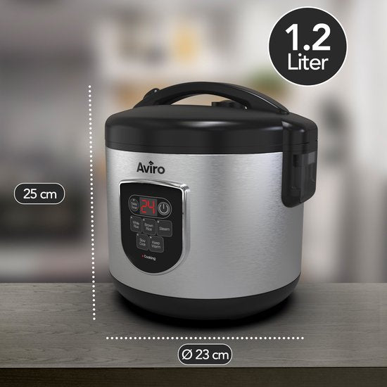 Aviro Reiskocher - Slowcooker - 1,2L - 7 Funktionen - Warmhaltefunktion - Reiskocher - Antihaftbeschichtung - Multicooker - 2-6 Personen - Edelstahl