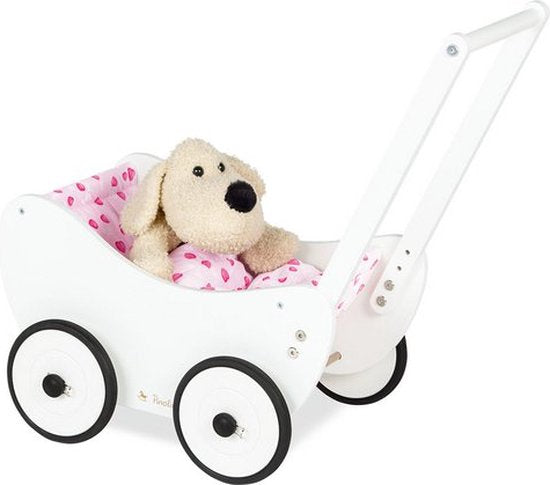Pinolino Holzpuppenwagen „Trixi“ – Niedliche und langlebige Wiege – Massives Buchenholz mit Bettdecke „Herzen“ – weiß