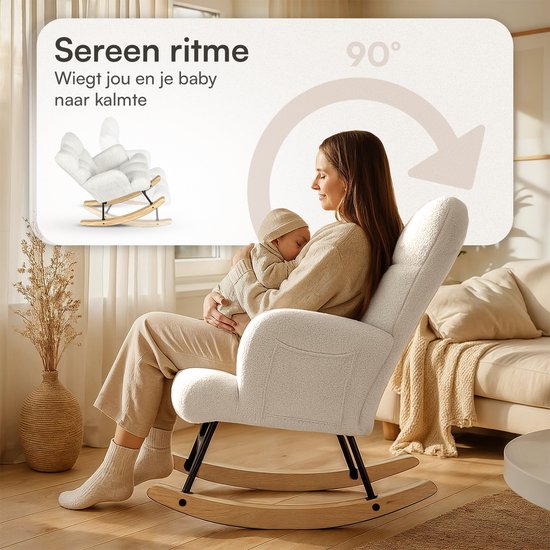 Flowsense Schaukelstuhl Teddy Weiß - Schaukelstuhl Erwachsene Baby - Stillstuhl Babyzimmer - Sessel mit Armlehne Design - Relaxsessel - Liegesessel