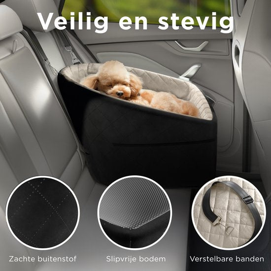 CozySense® Hundeautositz - Sicherer Hundekorb für kleine Hunde - Vorder- und Rücksitz - mit Sicherheitsgurt, Staufach und waschbarem Bezug - Schwarz/Beige