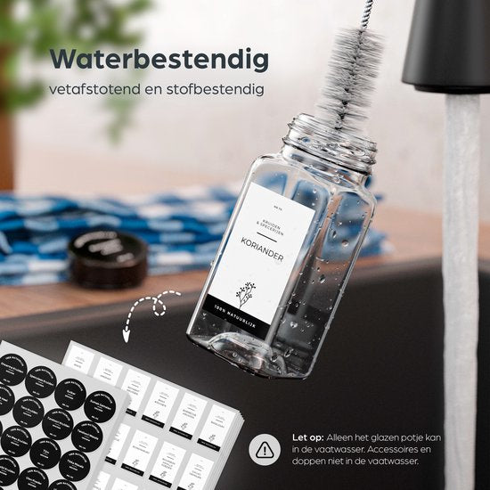 Organess 28 Glasgewürzdosen quadratisch mit schwarzem Deckel - 3 Arten von Streudeckeln - Gewürzstreuer - Gewürzdosen - Komplettset inkl. Gewürzsticker, Kreidestift und Zubehör - 120ml