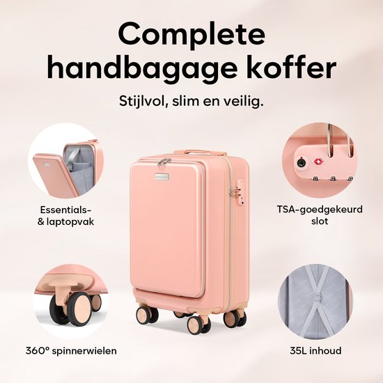 Skycases Handgepäck Koffer - 35L - Leichter Trolley - Spinner-Räder - TSA-Schloss und Laptop-Fach - Mit praktischer Fronttasche - 55 cm - Pink