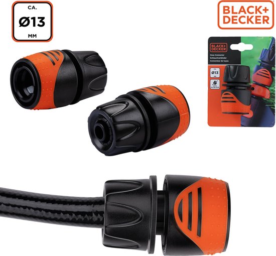 BLACK+DECKER Gartenschlauch-Kupplung 1/2'' - Gartenschläuche ⌀13mm - Integrierter Wasserstop - Kunststoff - Schwarz/Orange