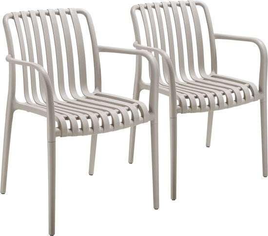 tectake® 2er Set Gartenstühle Alcudia - Taupe - Kunststoffstühle mit Armlehne - Gartenset für rund um den Gartentisch oder beim Camping Stapelbar - Stühle für Garten, Terrasse oder Balkon - Wetterfest und UV-beständig - Belastbarkeit 120kg pro Gartenstuhl