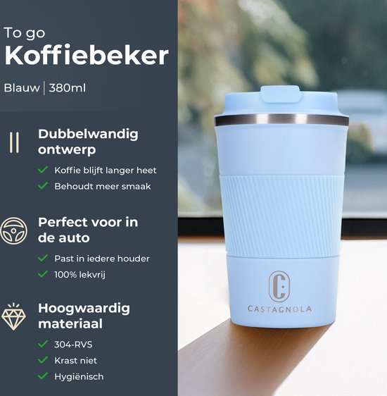 Castagnola Thermos Cup - Kaffeebecher To Go - Reisebecher für Kaffee und Tee - Teebecher - 380 ML - Edelstahl - Hellblau