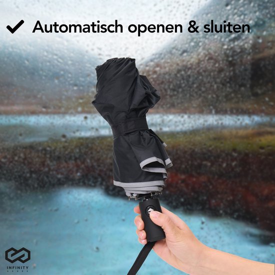 Infinity Goods Stormparaplu - Paraplu - 140 km/u - Reflecterend - Ã˜ 107 cm - Automatisch Uitklapbaar - Beschermhoes - Zwart