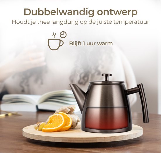 Vaja® Teekanne Juliette Gun Metal - Doppelwandig - 1 Liter - Edelstahl-Teekanne mit Filter