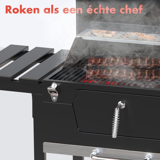 KitchenBrothers Holzkohlegrill - Verstellbarer Kohlerost - 42x57cm Grillfläche - Seitenwände - Schwarz
