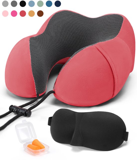 SKYCASES Travel Essentials - Nackenkissen-Set 3-teilig - Ergonomisches Memory Foam Reisekissen mit Augenmaske und Ohrstöpsel - Ideal für Flugzeug, Auto und Zug - Kompakt und luxuriös - Rot
