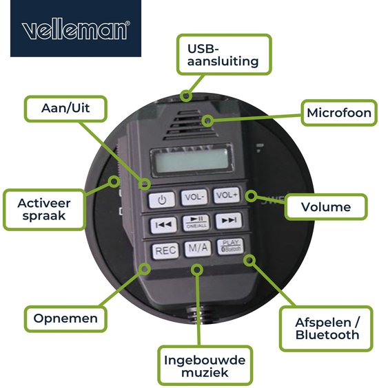 Velleman Megaphon-Set 50W mit Sirene, inkl. Batterien, 700s Aufnahme, Lautstärkeregler, Bluetooth, USB, Handmikrofon, 1200m Reichweite, 120dB, tragbares ABS-Design, mattschwarz