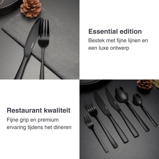 Deleca 8 Personen Besteck-Set Essential (48 Teile) - Löffel, Messer, Gabeln, Steakmesser & Kuchengabeln - Spülmaschinenfestes Besteck - Glänzend Schwarz / Edelstahl